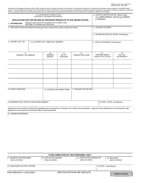 FSIS Form 9010-1 Application for the Return of Exported Products to the United States