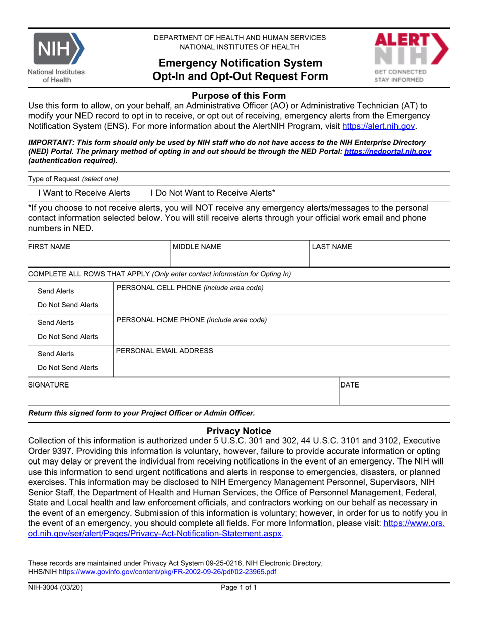 Form NIH-3004 Emergency Notification System Opt-In and Opt-Out Request Form, Page 1