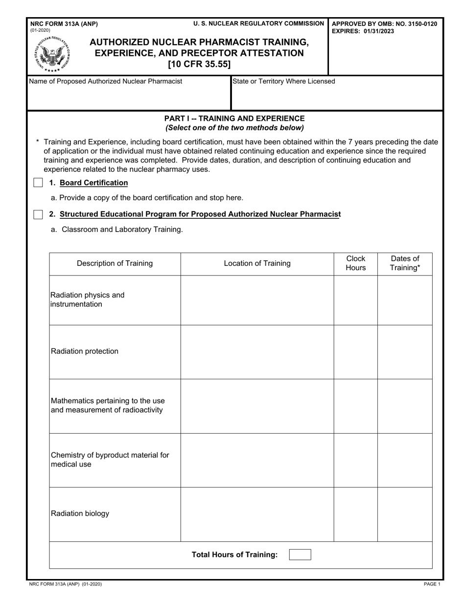 NRC Form 313A (ANP) Authorized Nuclear Pharmacist Training, Experience, and Preceptor Attestation [10 Cfr 35.55], Page 1