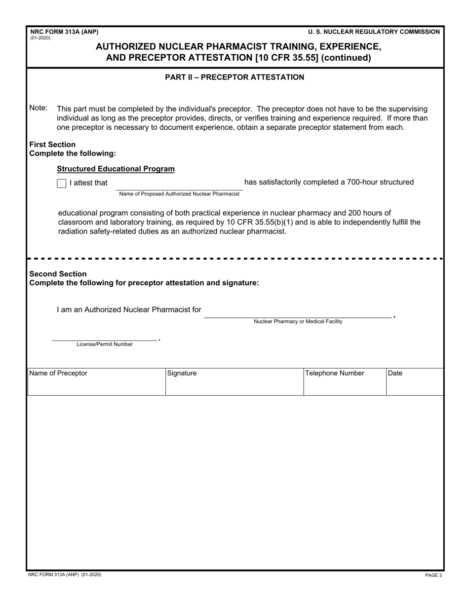 NRC Form 313A (ANP) Authorized Nuclear Pharmacist Training, Experience, and Preceptor Attestation [10 Cfr 35.55], Page 3