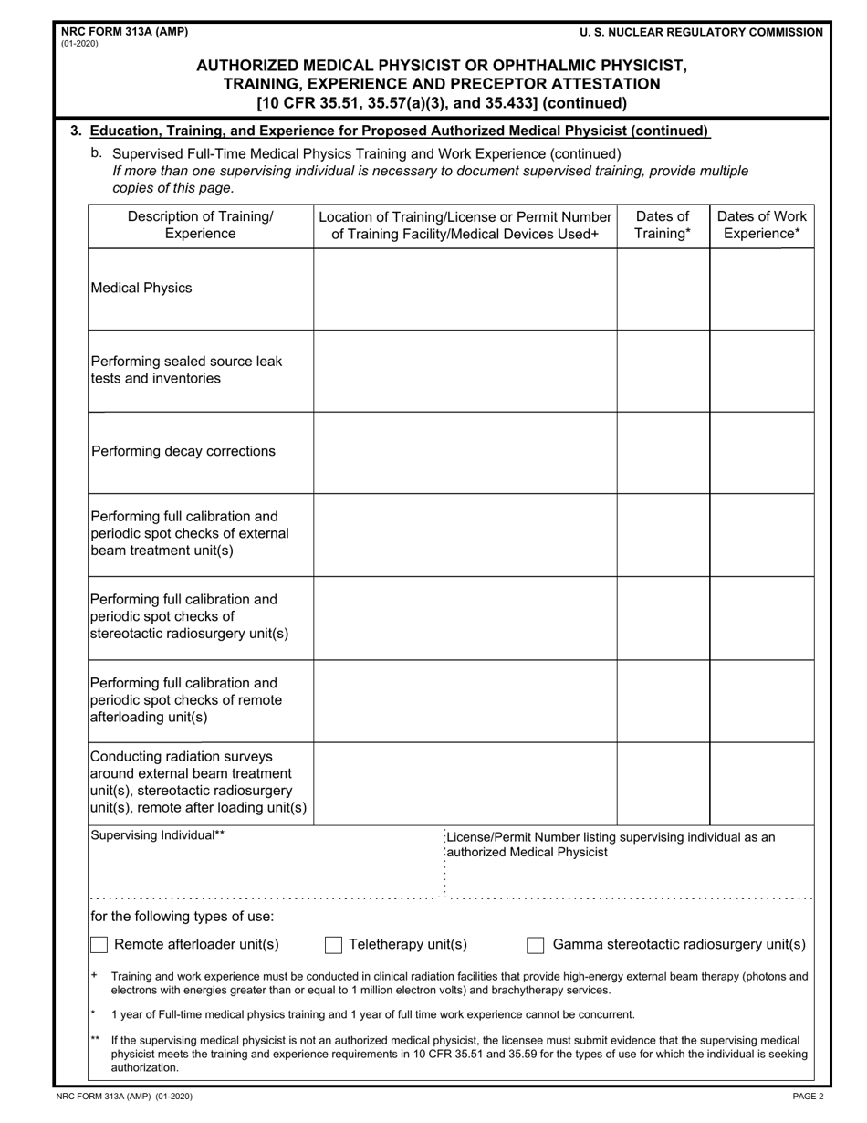 NRC Form 313A (AMP) Authorized Medical Physicist or Ophthalmic Physicist, Training, Experience and Preceptor Attestation [10 Cfr 35.51, 35.57(A)(3), and 35.433], Page 2