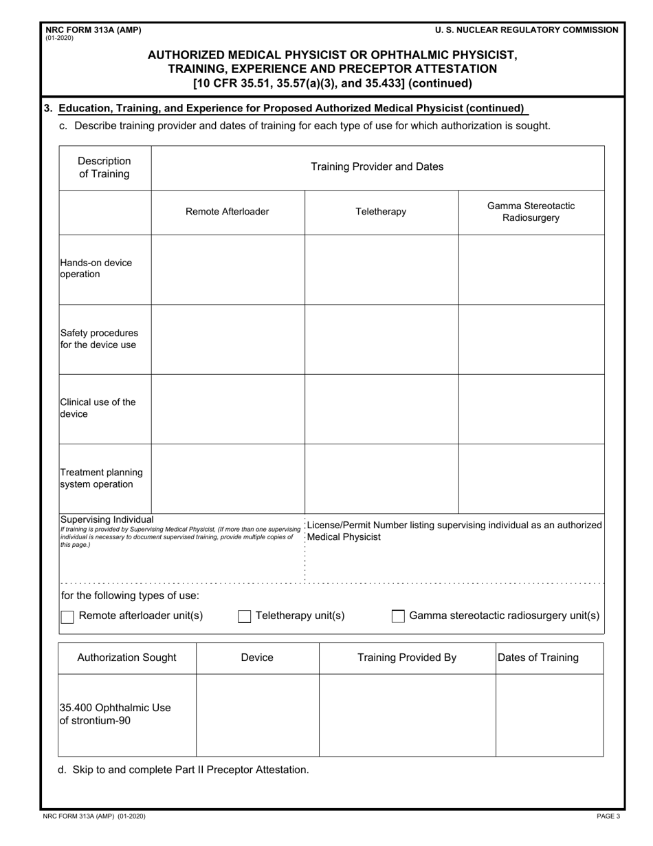 NRC Form 313A (AMP) Authorized Medical Physicist or Ophthalmic Physicist, Training, Experience and Preceptor Attestation [10 Cfr 35.51, 35.57(A)(3), and 35.433], Page 3