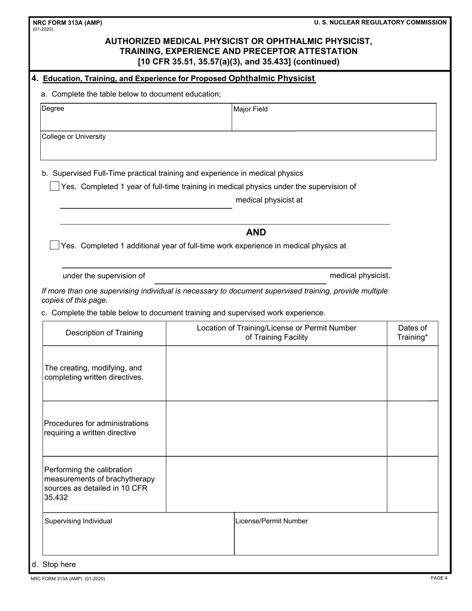 NRC Form 313A (AMP) Authorized Medical Physicist or Ophthalmic Physicist, Training, Experience and Preceptor Attestation [10 Cfr 35.51, 35.57(A)(3), and 35.433], Page 4