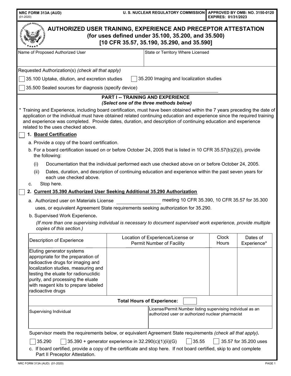 Nrc Form 313a Aud Download Fillable Pdf Or Fill Online Authorized