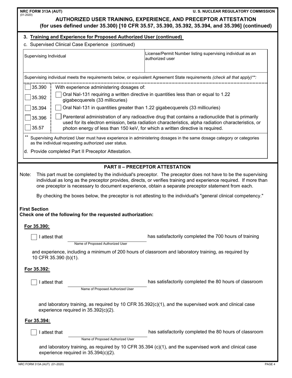 NRC Form 313A (AUT) Authorized User Training, Experience, and Preceptor Attestation (For Uses Defined Under 35.300) [10 Cfr 35.57, 35.390, 35.392, 35.394, and 35.396], Page 4