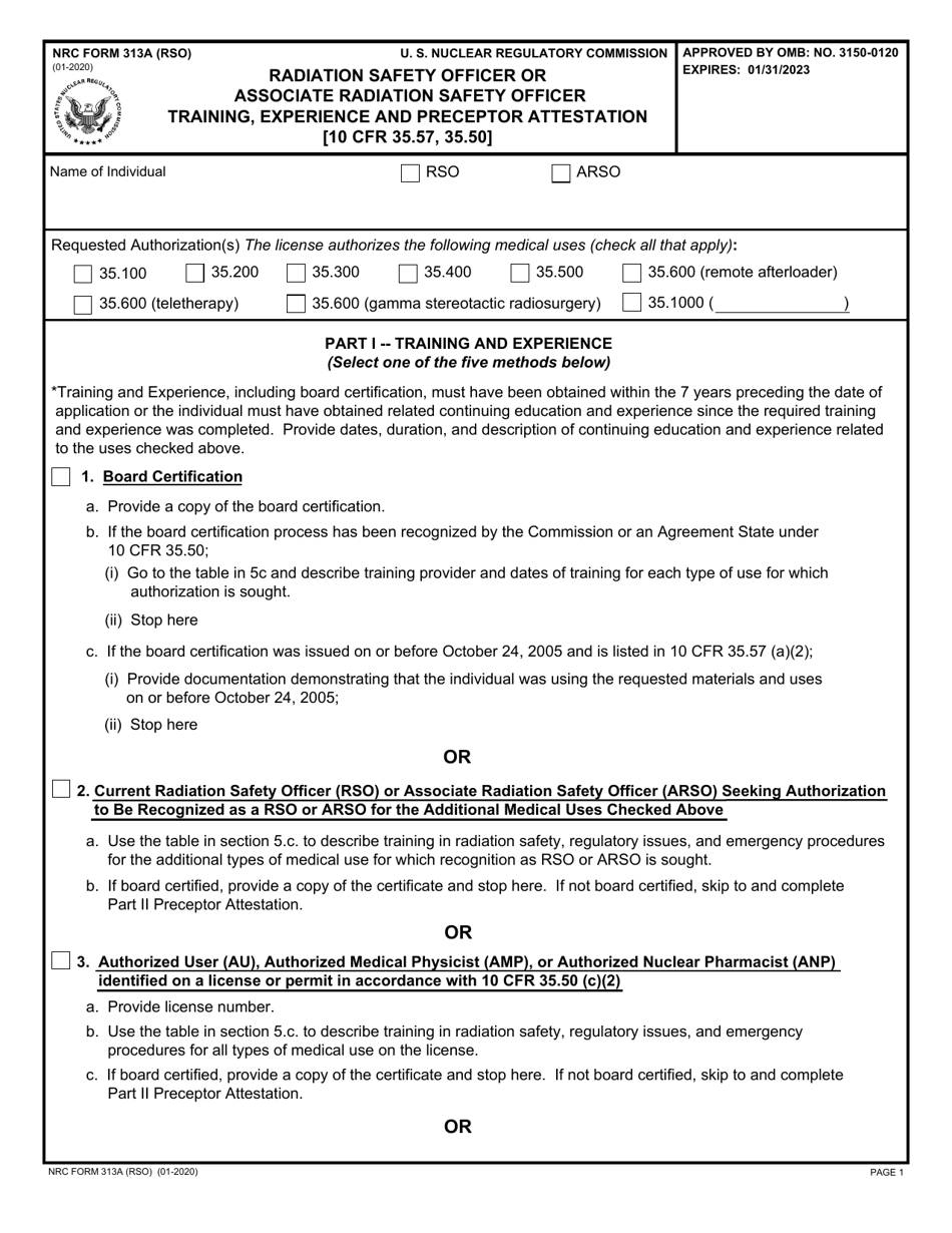 NRC Form 313A (RSO) Radiation Safety Officer or Associate Radiation Safety Officer Training, Experience and Preceptor Attestation [10 Cfr 35.57, 35.50], Page 1