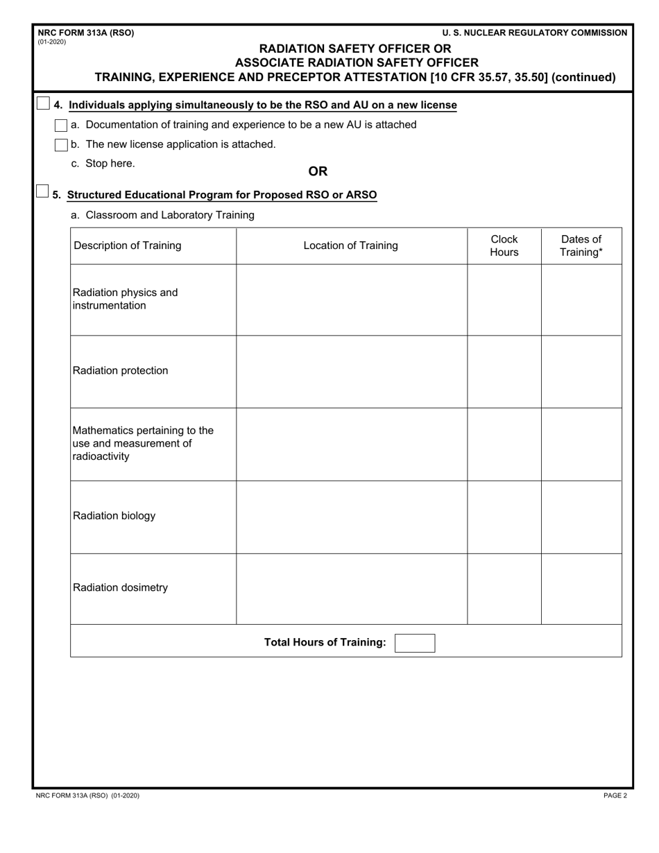 NRC Form 313A (RSO) Radiation Safety Officer or Associate Radiation Safety Officer Training, Experience and Preceptor Attestation [10 Cfr 35.57, 35.50], Page 2