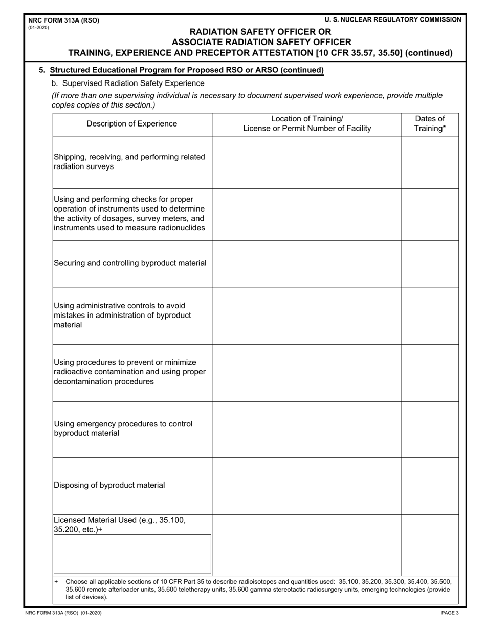 NRC Form 313A (RSO) Radiation Safety Officer or Associate Radiation Safety Officer Training, Experience and Preceptor Attestation [10 Cfr 35.57, 35.50], Page 3