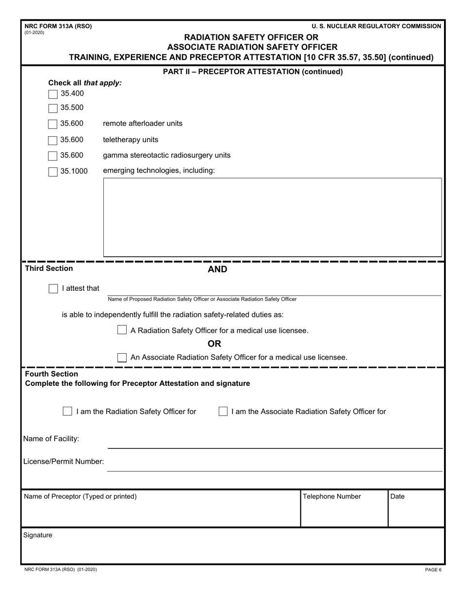 NRC Form 313A (RSO) Radiation Safety Officer or Associate Radiation Safety Officer Training, Experience and Preceptor Attestation [10 Cfr 35.57, 35.50], Page 6