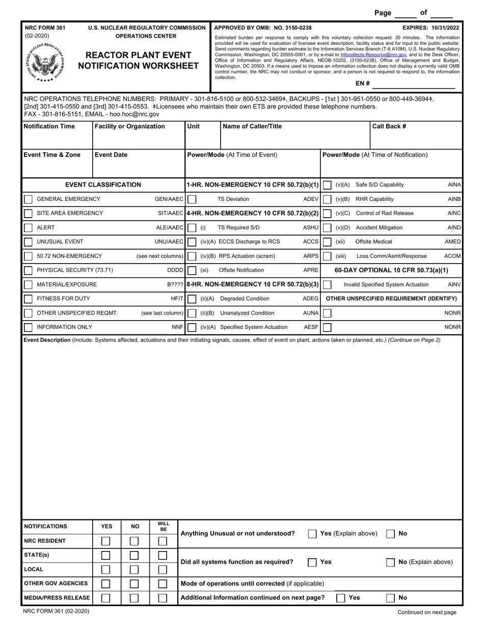NRC Form 361 Reactor Plant Event Notification Worksheet, Page 1