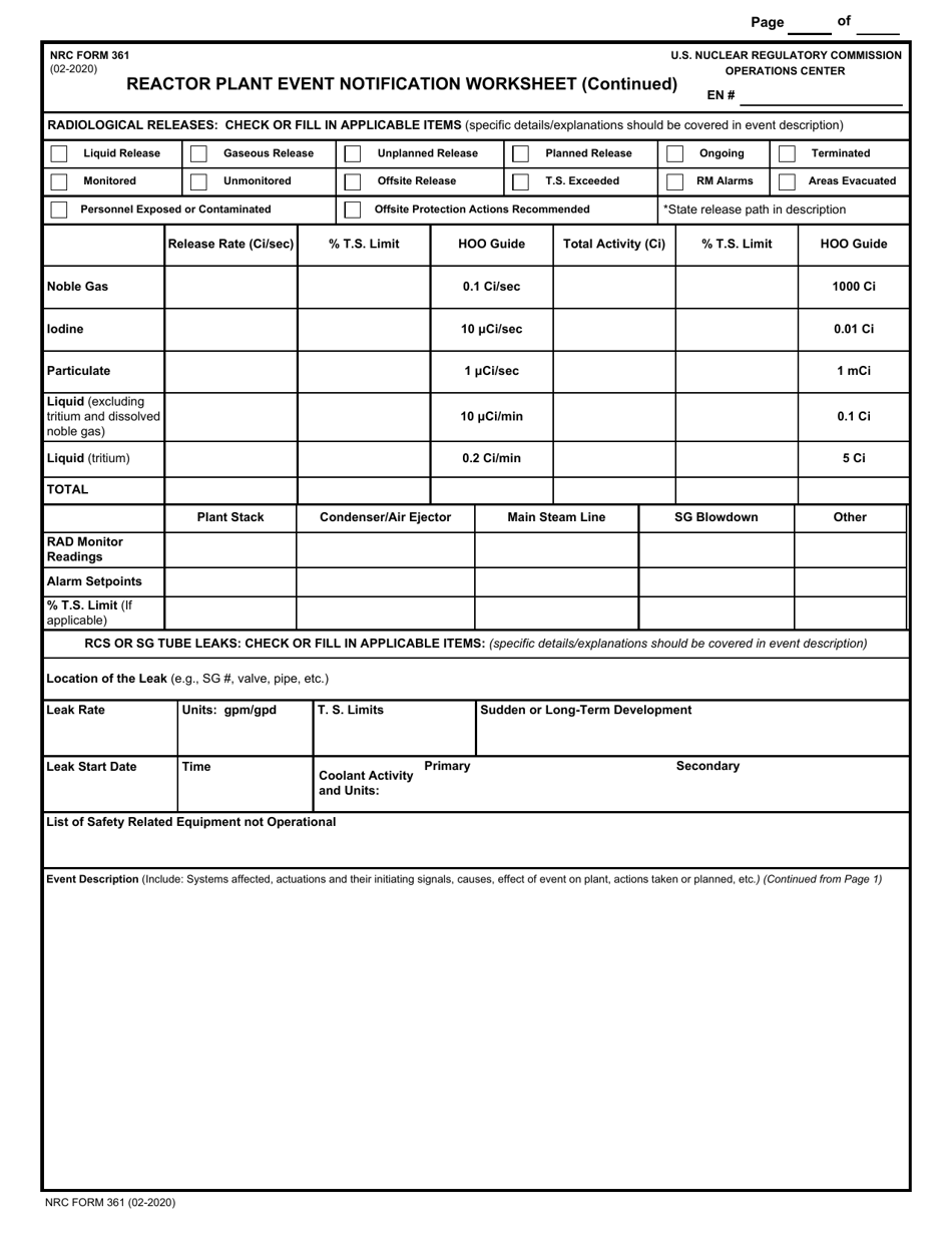 NRC Form 361 Reactor Plant Event Notification Worksheet, Page 2