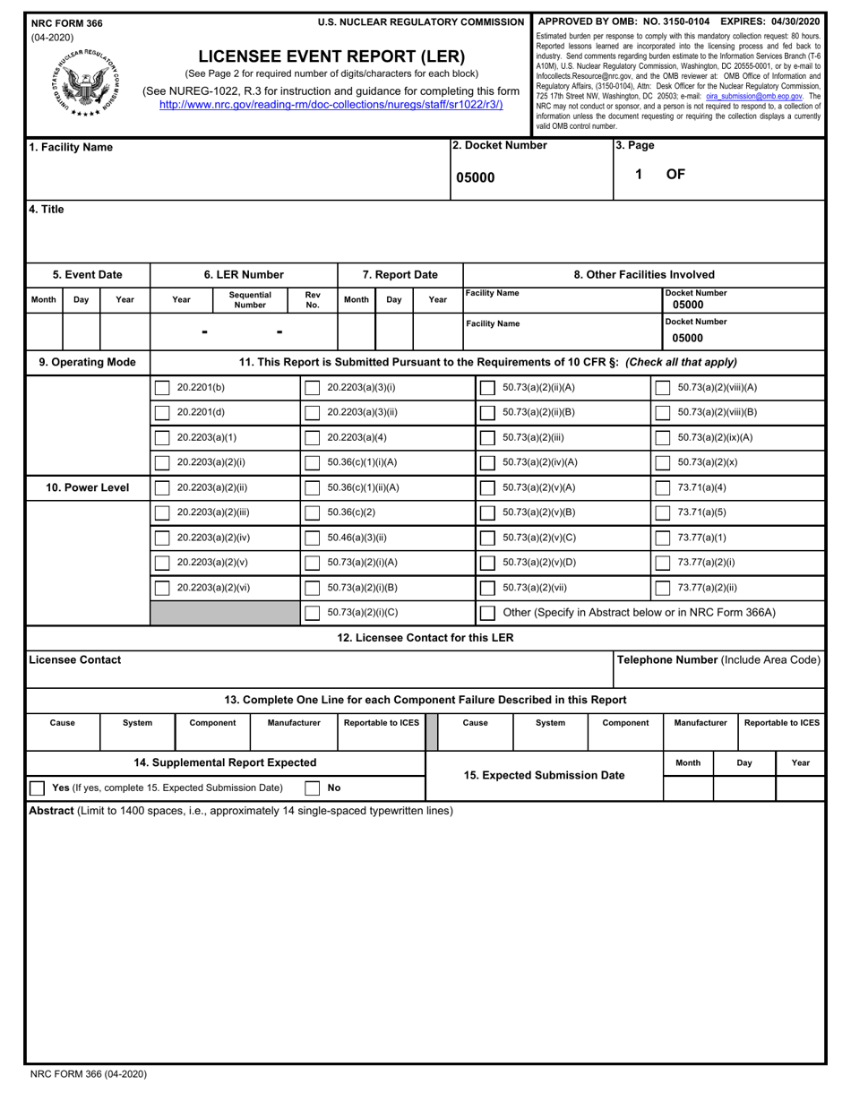NRC Form 366 Licensee Event Report (Ler), Page 1