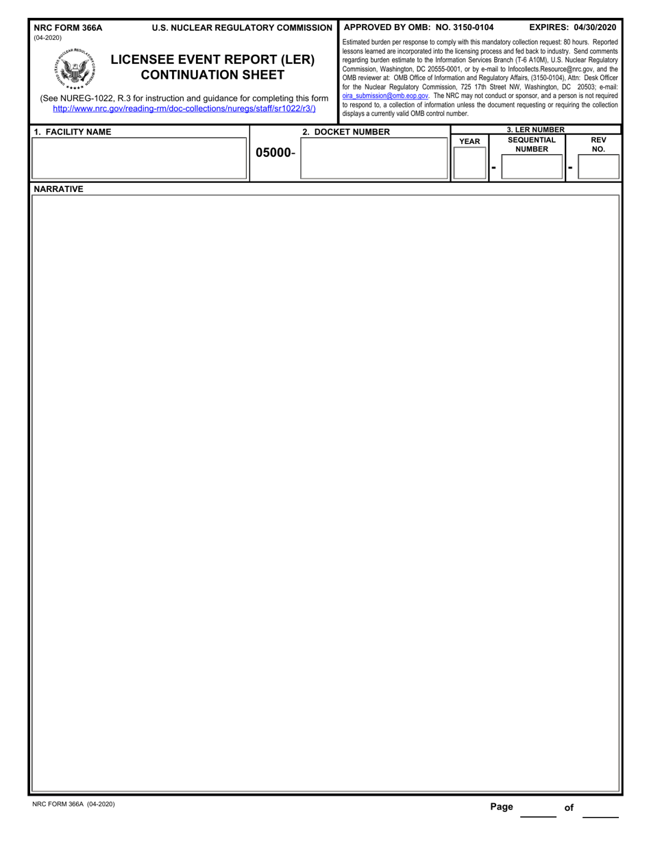 NRC Form 366A Download Fillable PDF Or Fill Online Licensee Event ...