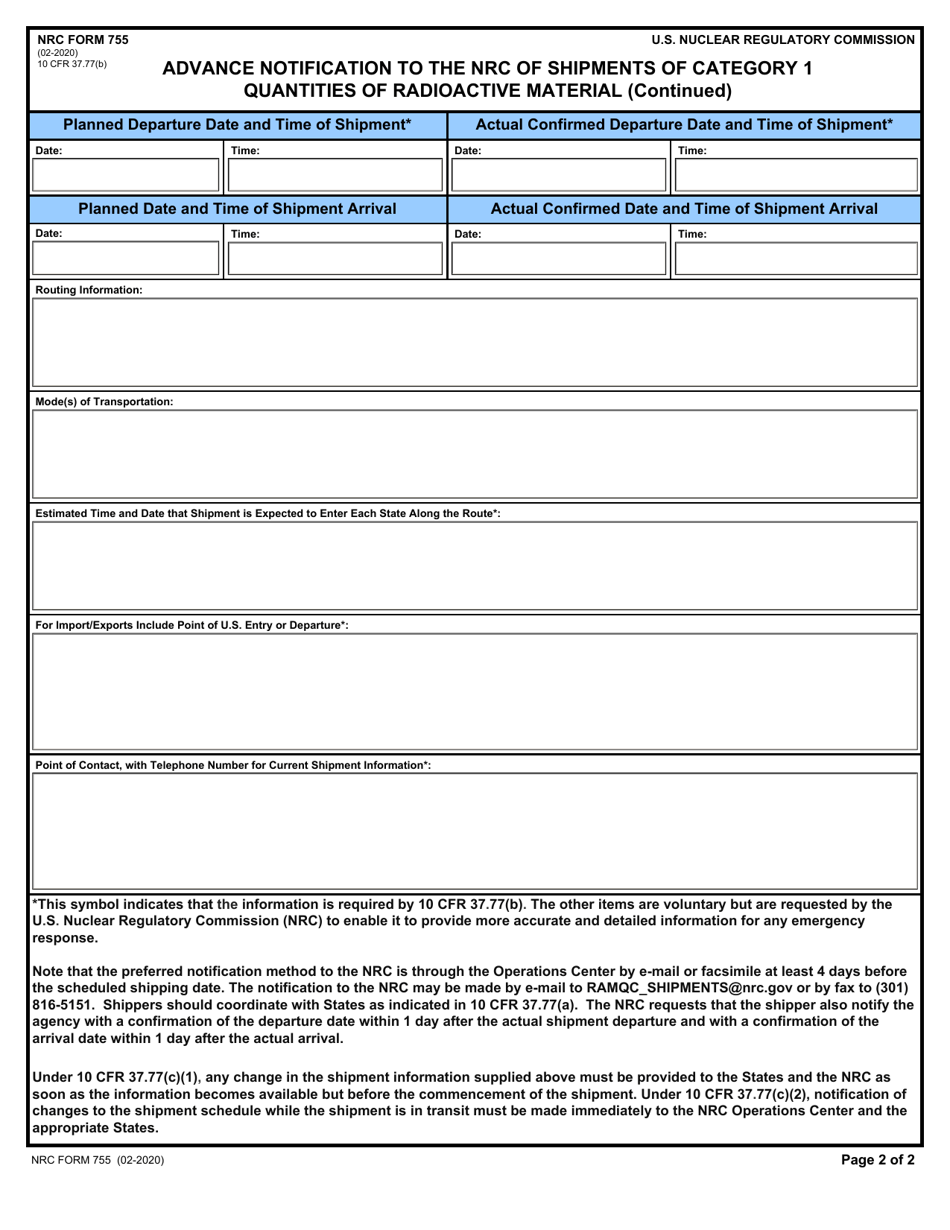 NRC Form 755 Advance Notification to the NRC of Shipments of Category 1 Quantities of Radioactive Material, Page 2