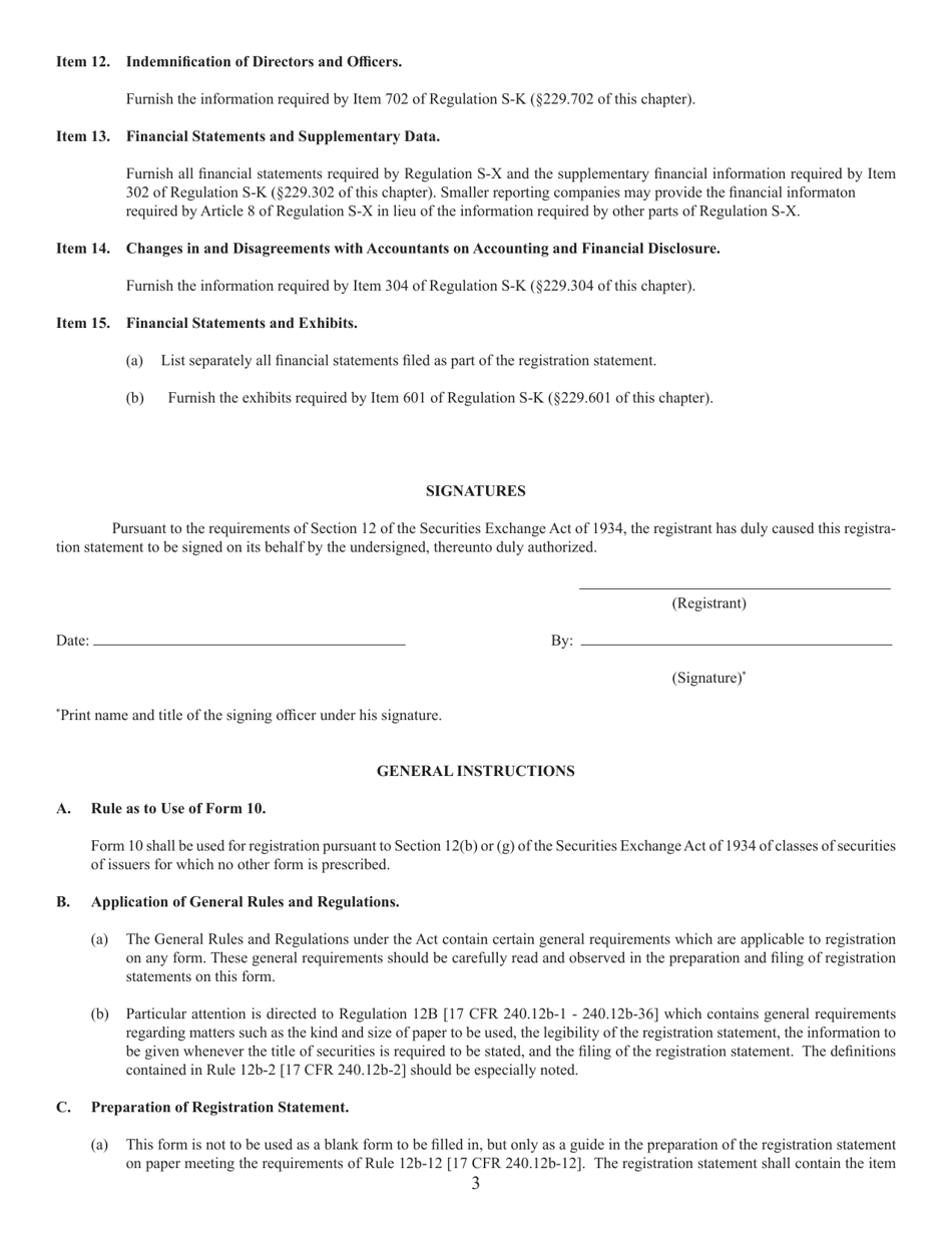 Form 10 (SEC Form 1396) General Form for Registration of Securities Pursuant to Section 12(B) or (G) of the Securities Exchange Act of 1934, Page 3