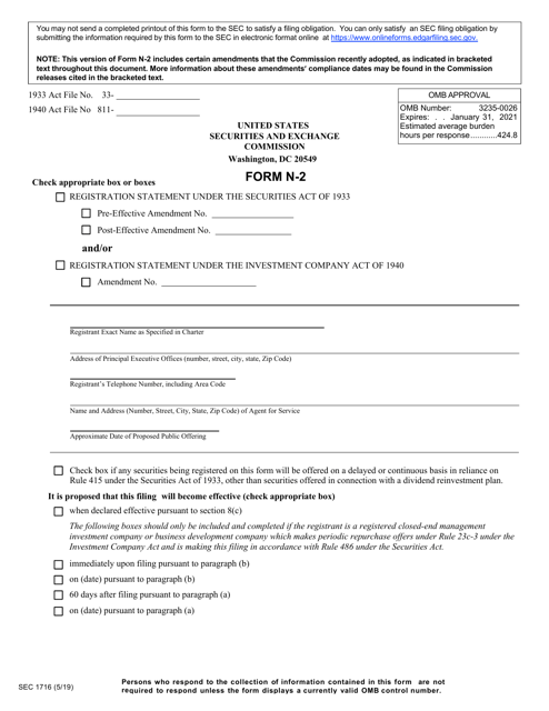 Form N-2 (SEC Form 1716)  Printable Pdf