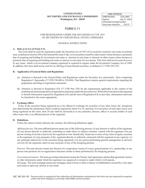 Form S-11 (SEC Form 907)  Printable Pdf