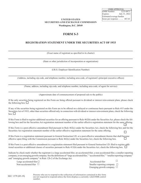 Form S-3 (SEC Form 1379)  Printable Pdf