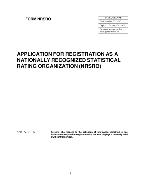 Form NRSRO (SEC Form 1541) Application for Registration as a Nationally Recognized Statistical Rating Organization (Nrsro)