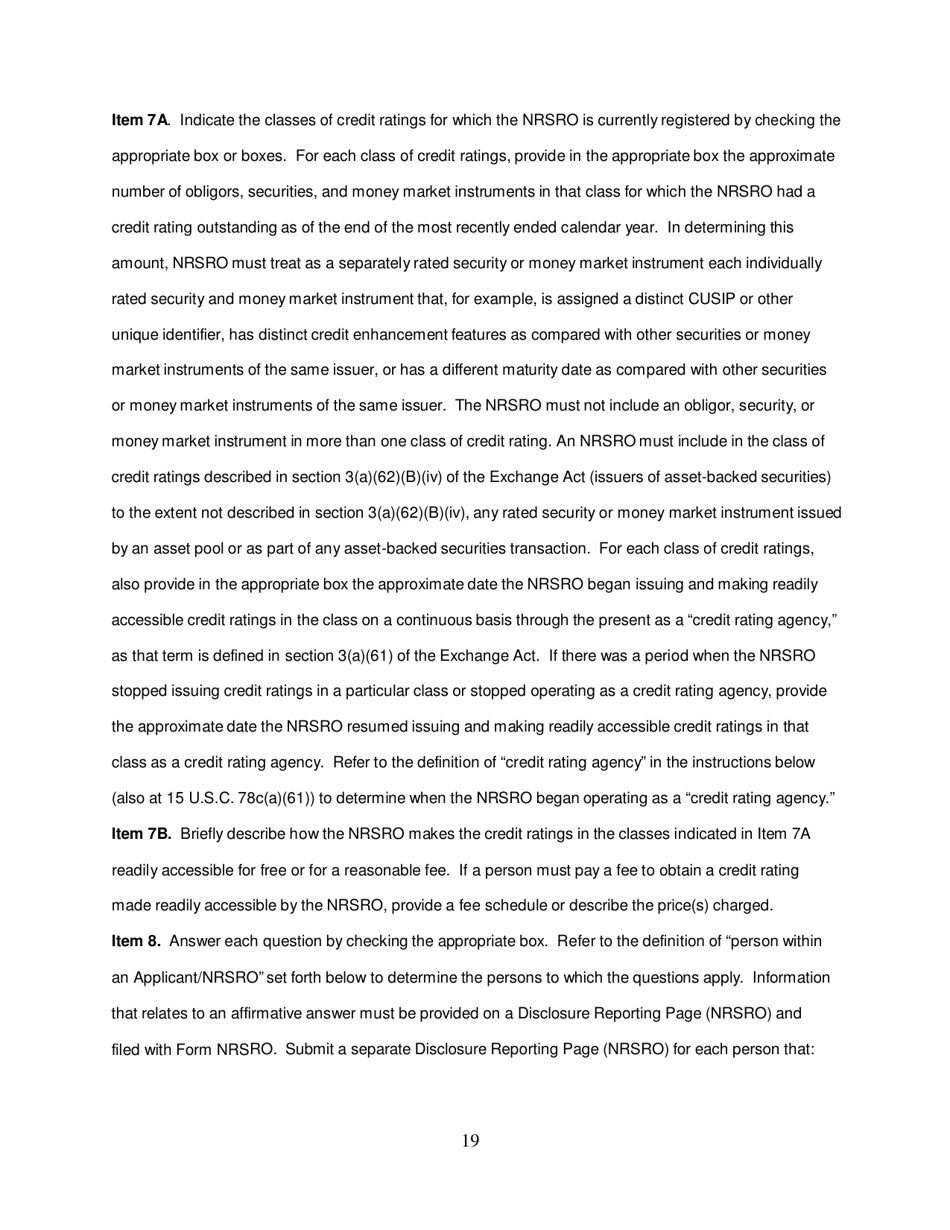 Form NRSRO (SEC Form 1541) Application for Registration as a Nationally Recognized Statistical Rating Organization (Nrsro), Page 19
