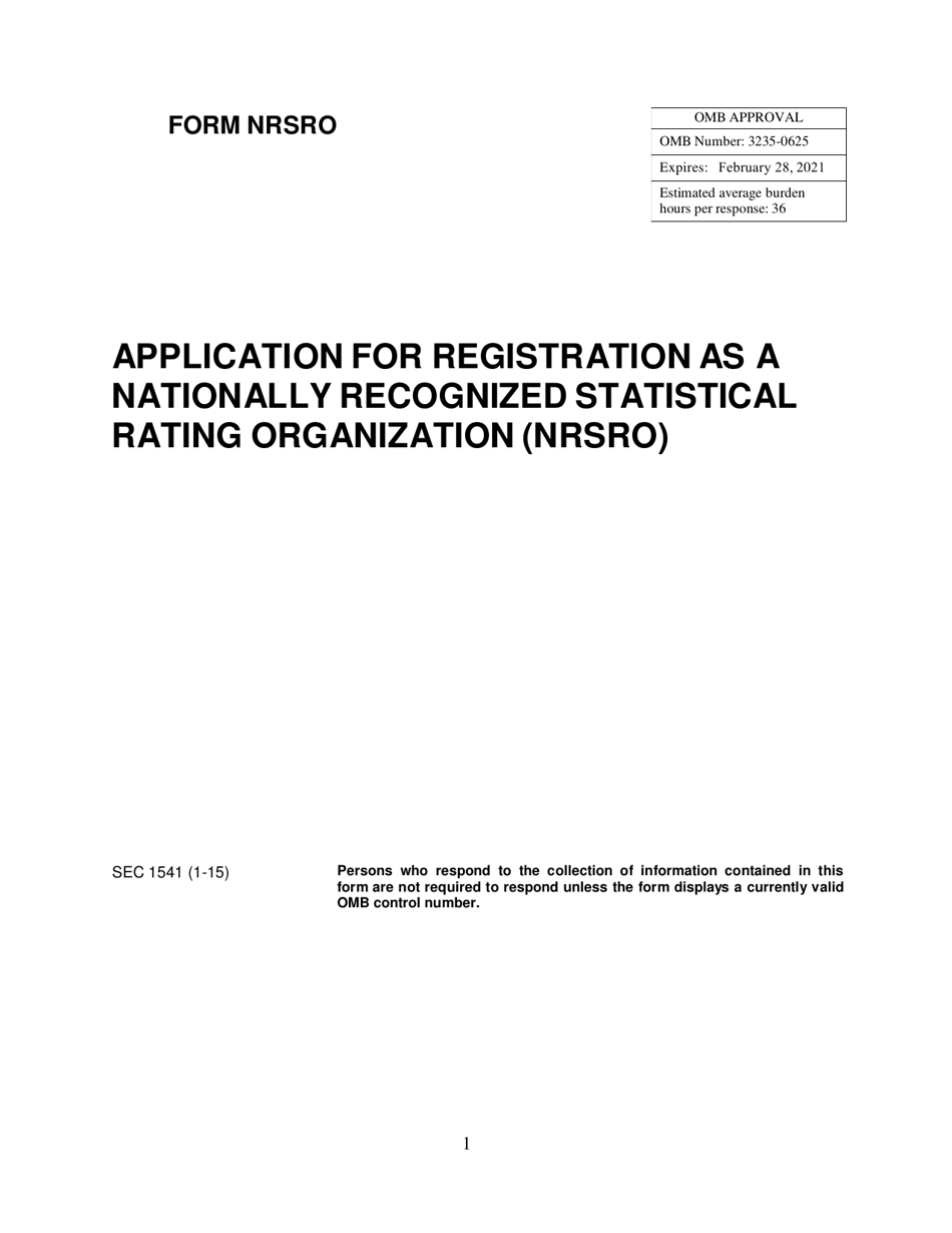 Form NRSRO (SEC Form 1541) Application for Registration as a Nationally Recognized Statistical Rating Organization (Nrsro), Page 1