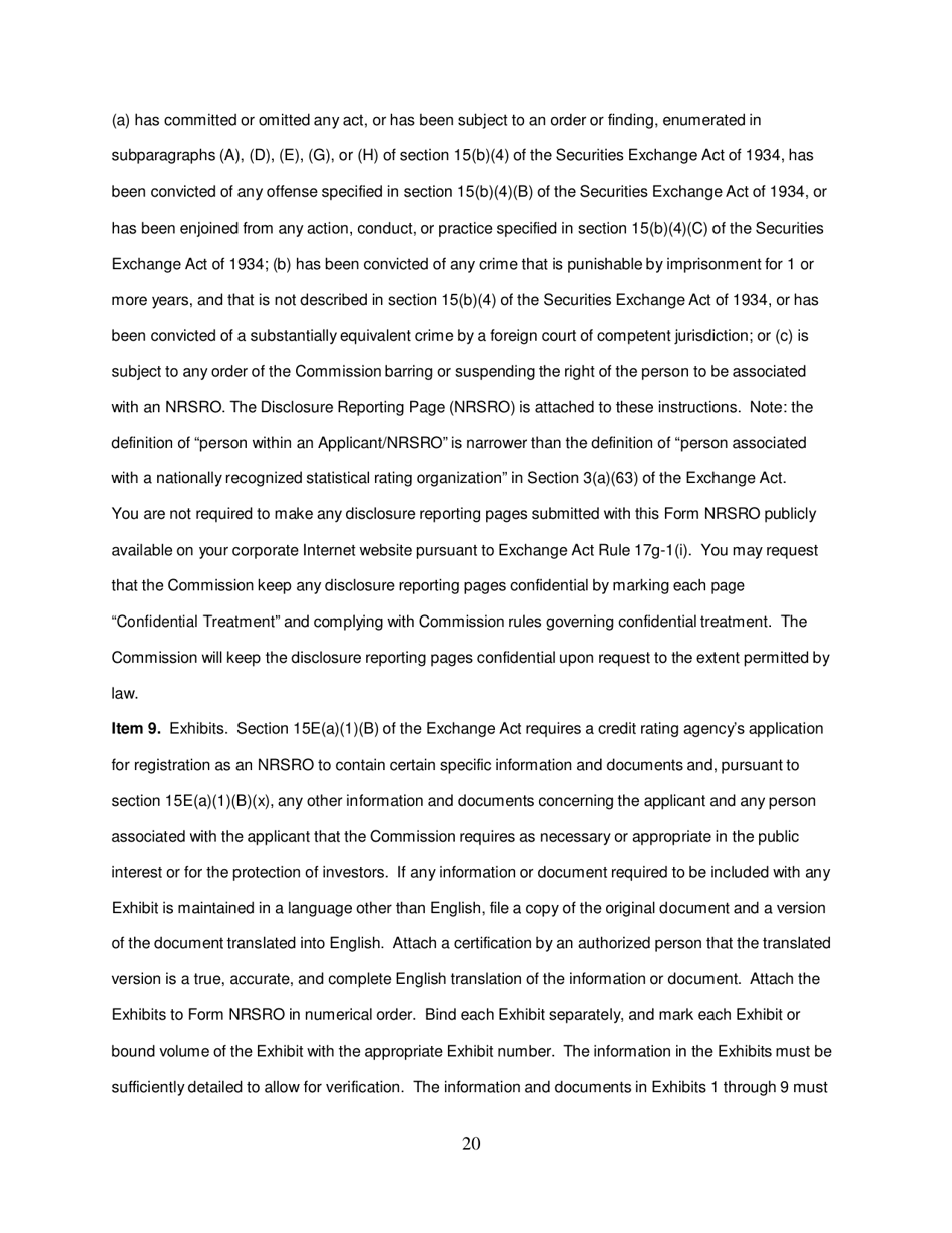Form NRSRO (SEC Form 1541) Application for Registration as a Nationally Recognized Statistical Rating Organization (Nrsro), Page 20
