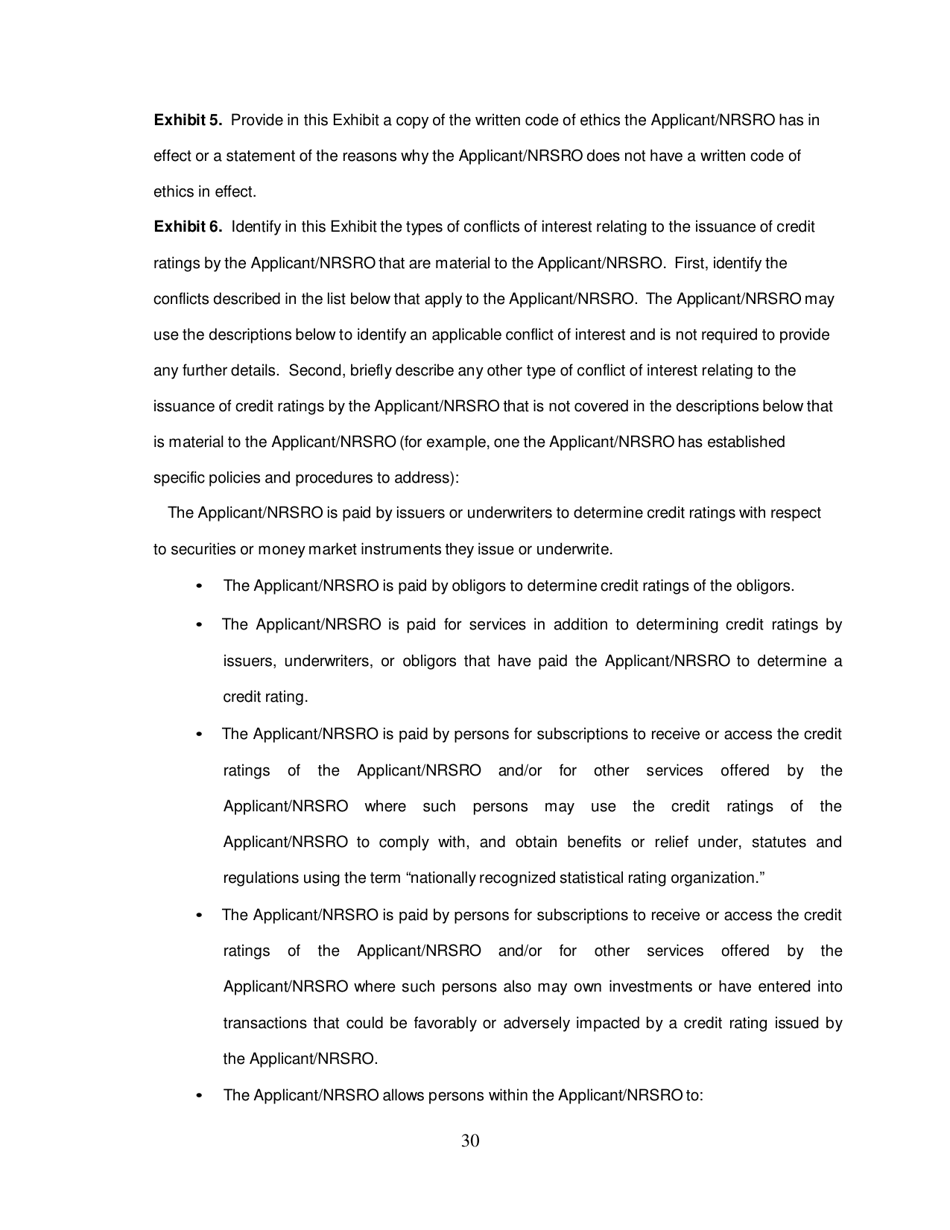 Form NRSRO (SEC Form 1541) Application for Registration as a Nationally Recognized Statistical Rating Organization (Nrsro), Page 30
