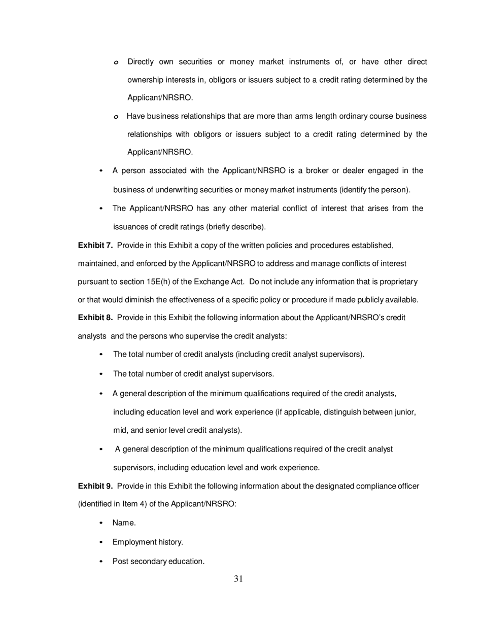 Form NRSRO (SEC Form 1541) Application for Registration as a Nationally Recognized Statistical Rating Organization (Nrsro), Page 31