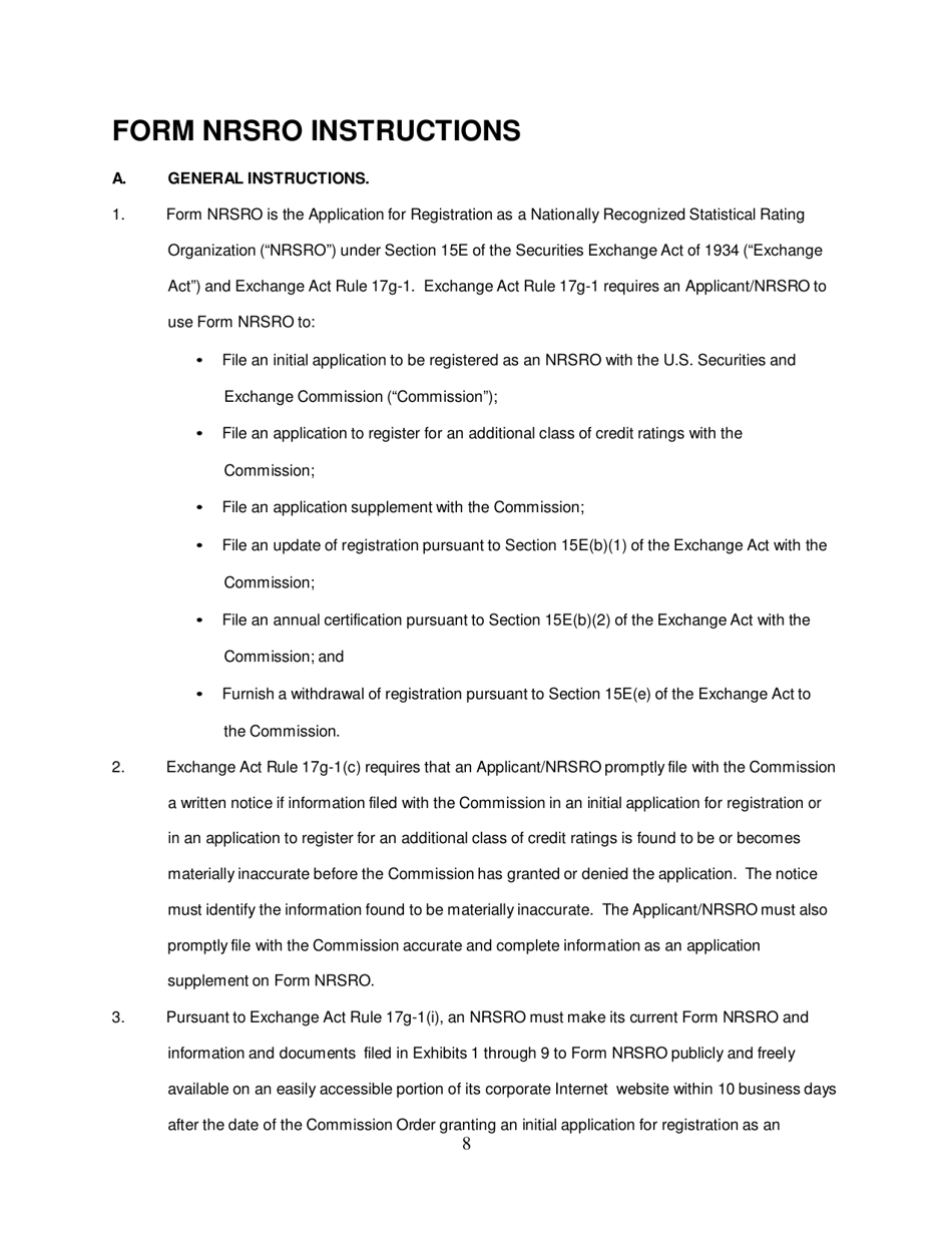 Form NRSRO (SEC Form 1541) Application for Registration as a Nationally Recognized Statistical Rating Organization (Nrsro), Page 8