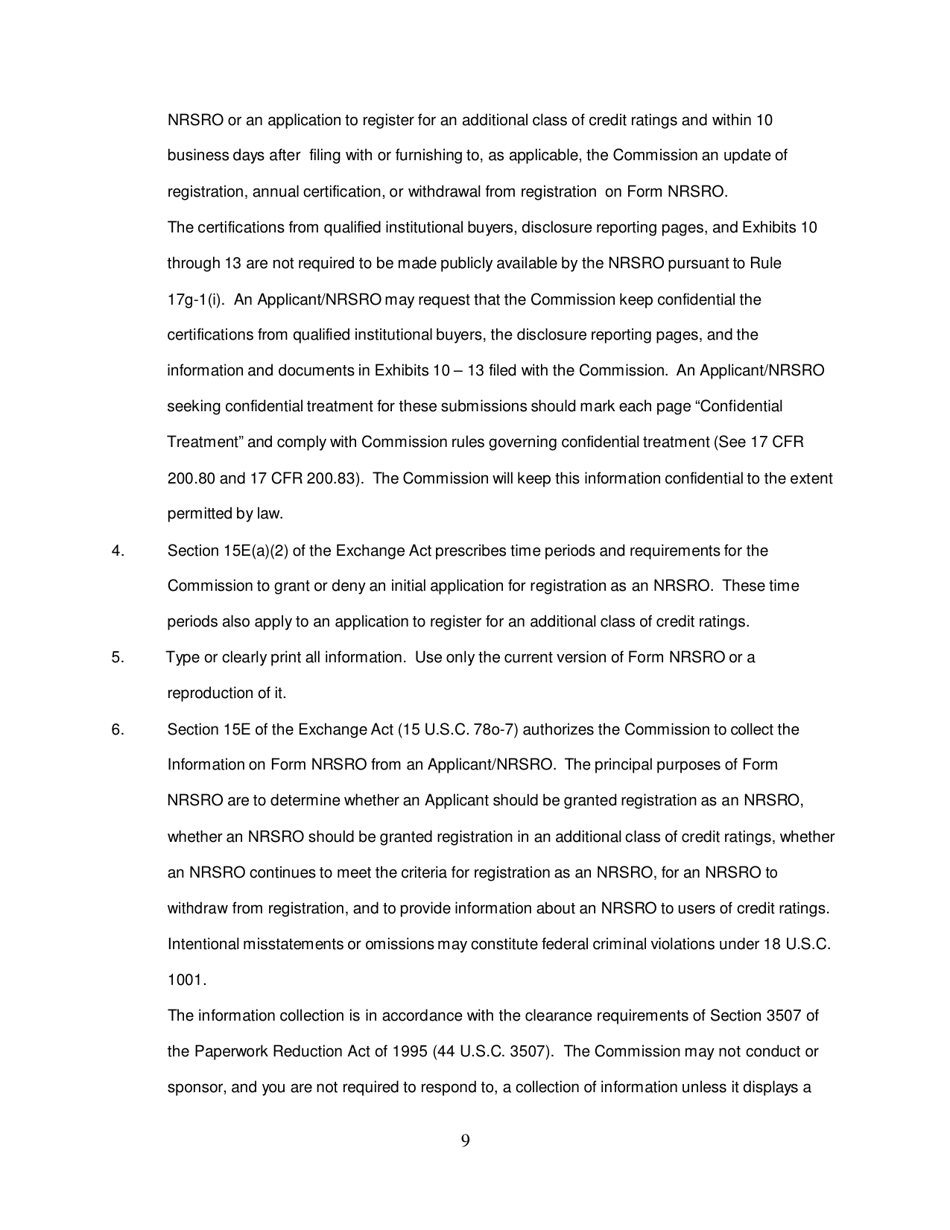 Form NRSRO (SEC Form 1541) Application for Registration as a Nationally Recognized Statistical Rating Organization (Nrsro), Page 9