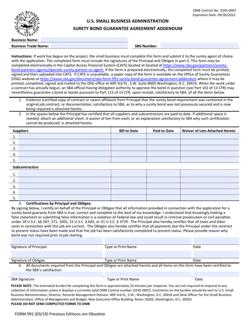 SBA Form 991  Printable Pdf