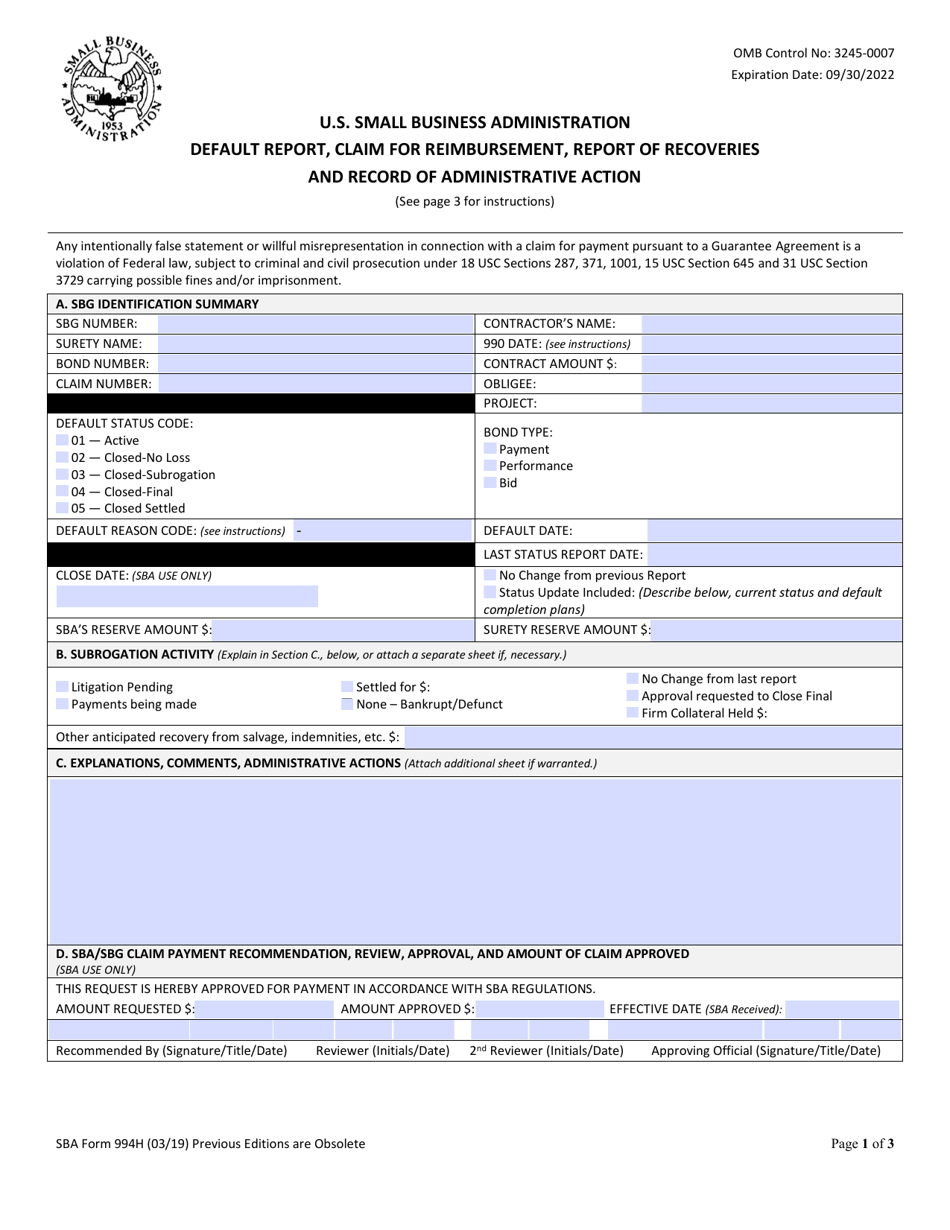 SBA Form 994H Default Report, Claim for Reimbursement, Report of Recoveries and Record of Administrative Action, Page 1