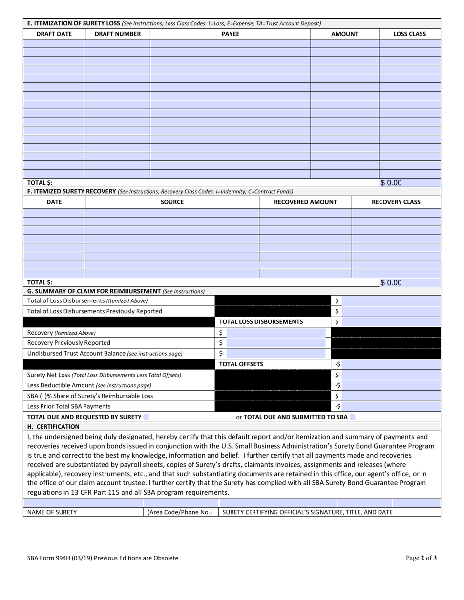 SBA Form 994H Default Report, Claim for Reimbursement, Report of Recoveries and Record of Administrative Action, Page 2