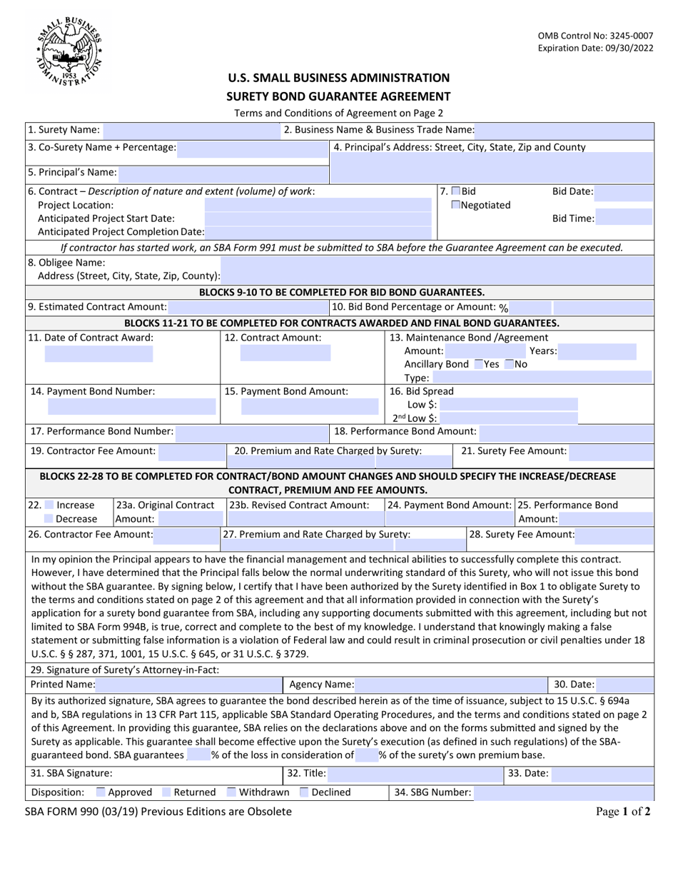 SBA Form 990 Surety Bond Guarantee Agreement, Page 1