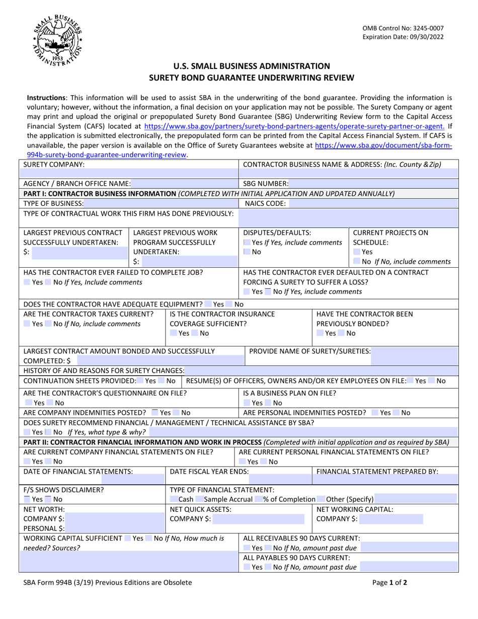 SBA Form 994B Download Fillable PDF Or Fill Online Surety Bond ...