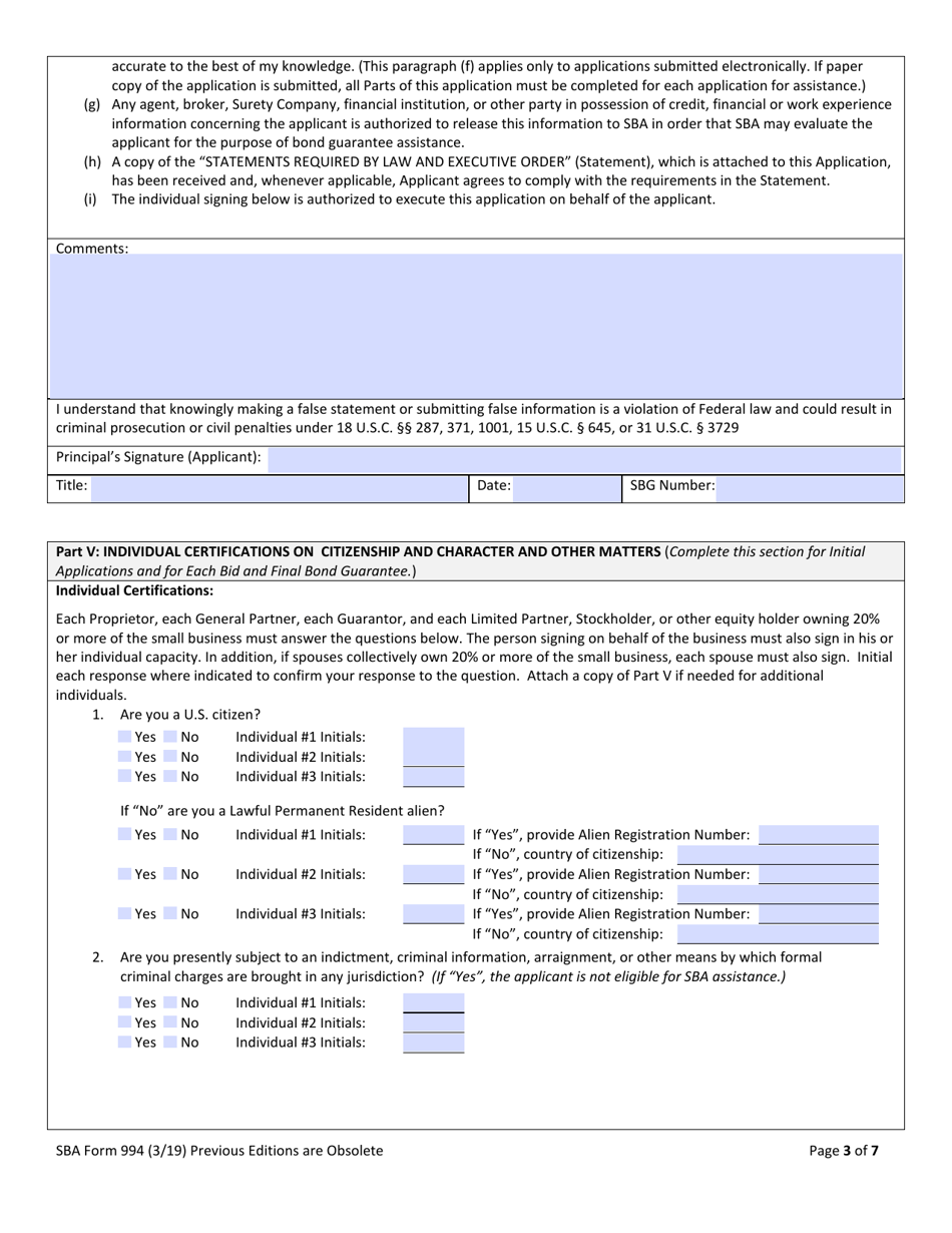SBA Form 994 Application for Surety Bond Guarantee Assistance, Page 3
