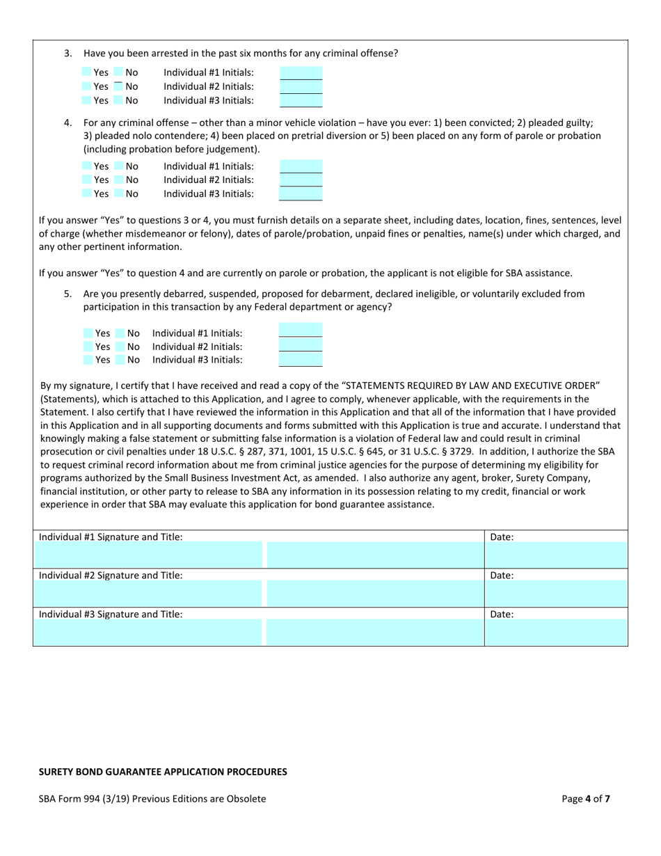SBA Form 994 Application for Surety Bond Guarantee Assistance, Page 4