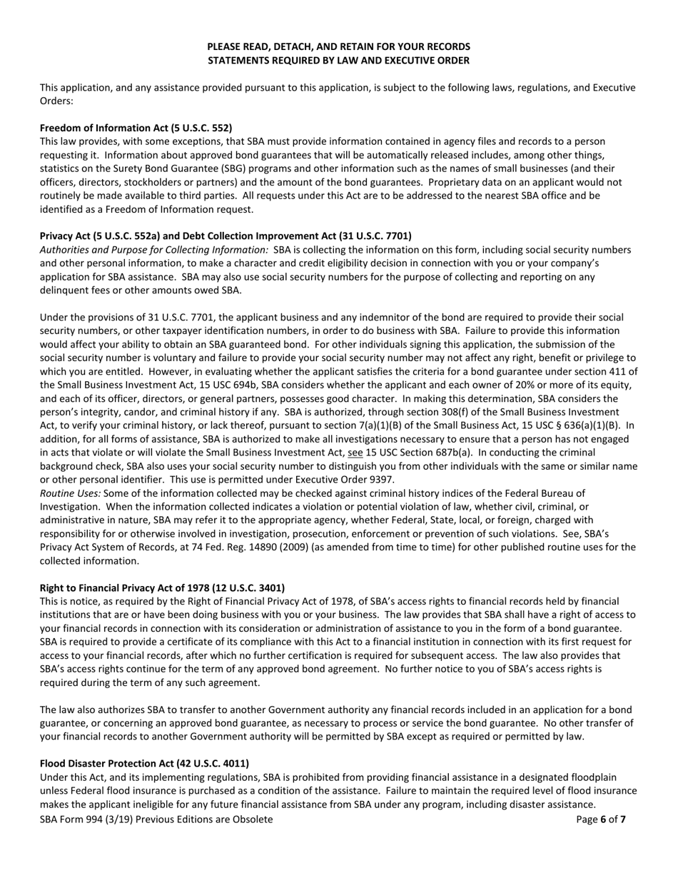 SBA Form 994 Application for Surety Bond Guarantee Assistance, Page 6