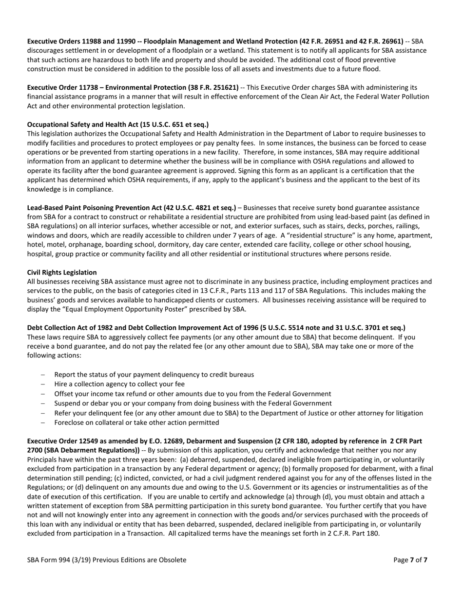 SBA Form 994 Application for Surety Bond Guarantee Assistance, Page 7