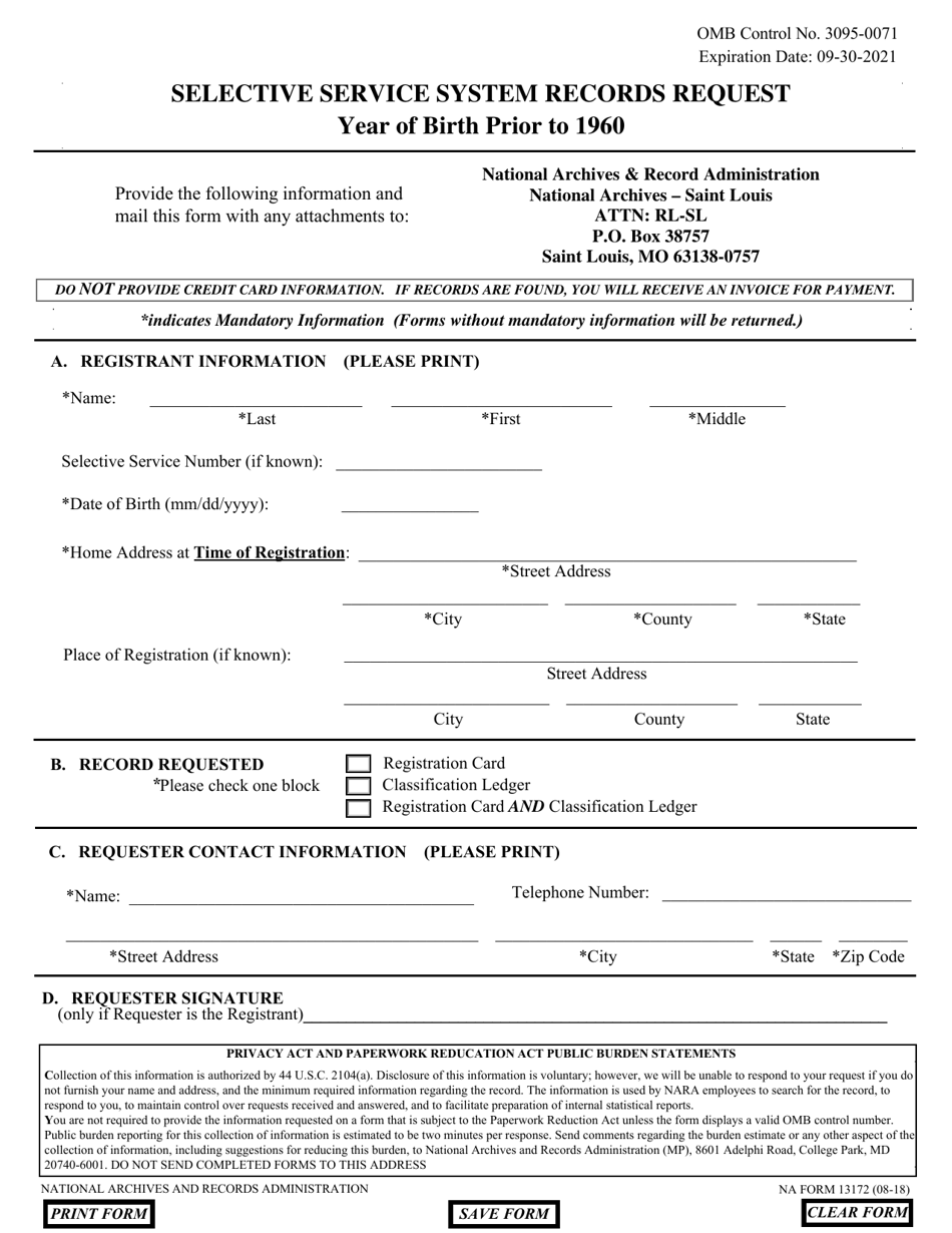 NA Form 13172 Selective Service System Records Request, Page 1