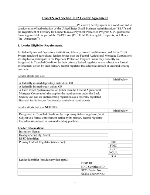 CARES Act Section 1102 Lender Agreement Download Pdf