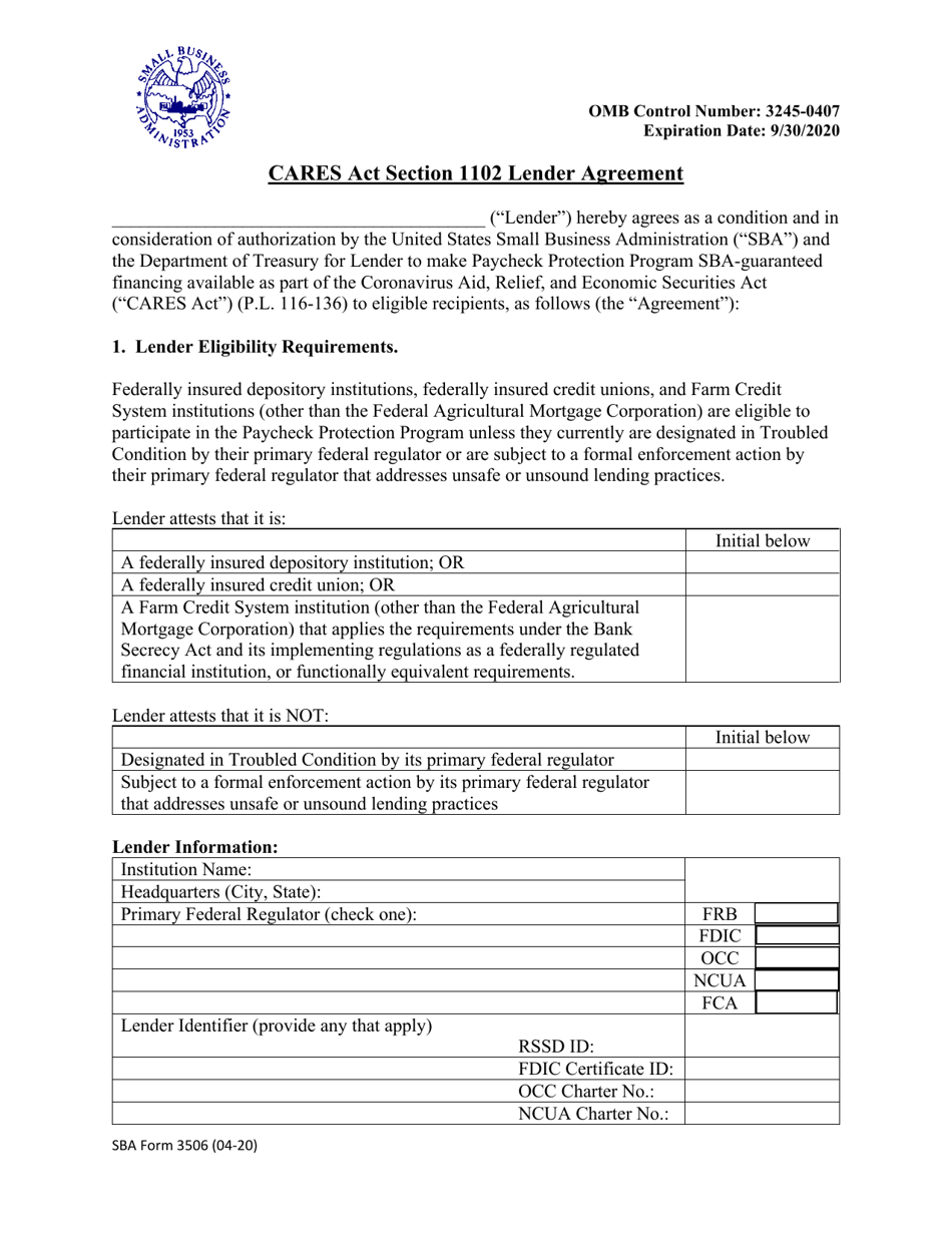 SBA Form 3506 CARES Act Section 1102 Lender Agreement, Page 1