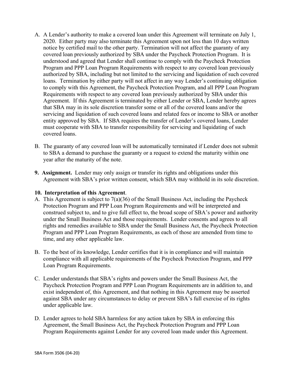 SBA Form 3506 CARES Act Section 1102 Lender Agreement, Page 3