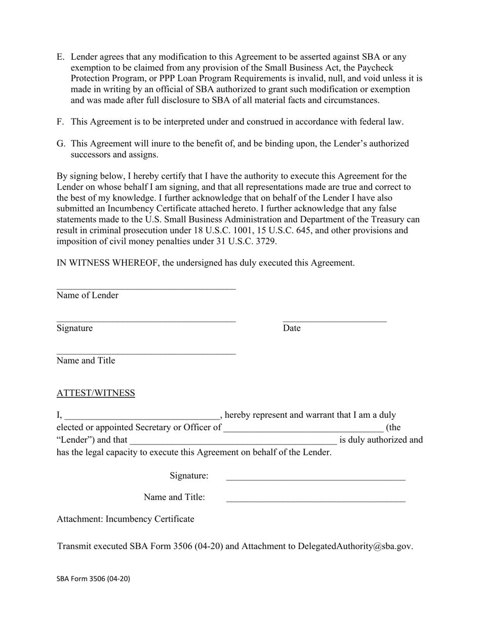 SBA Form 3506 CARES Act Section 1102 Lender Agreement, Page 4