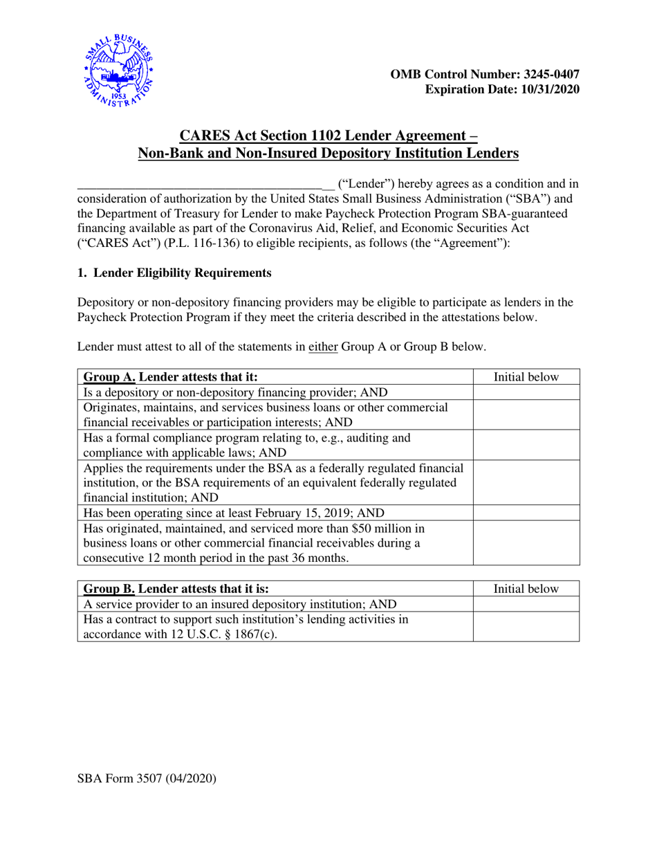SBA Form 3507 CARES Act Section 1102 Lender Agreement - Non-bank and Non-insured Depository Institution Lenders, Page 1