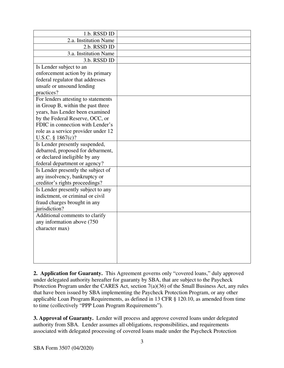 SBA Form 3507 CARES Act Section 1102 Lender Agreement - Non-bank and Non-insured Depository Institution Lenders, Page 3