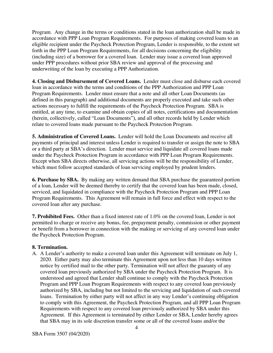 SBA Form 3507 CARES Act Section 1102 Lender Agreement - Non-bank and Non-insured Depository Institution Lenders, Page 4