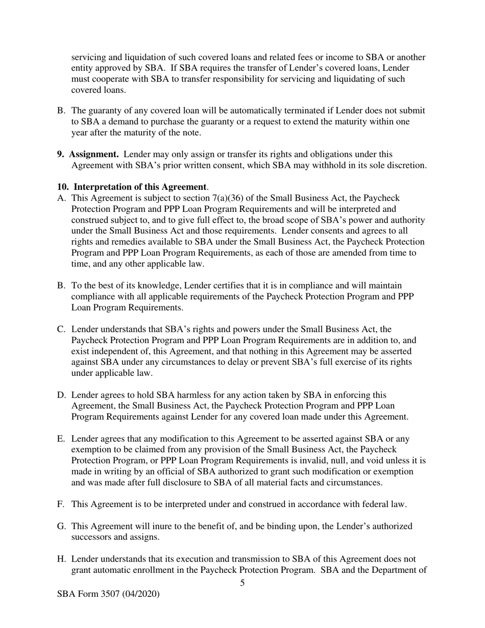 SBA Form 3507 CARES Act Section 1102 Lender Agreement - Non-bank and Non-insured Depository Institution Lenders, Page 5