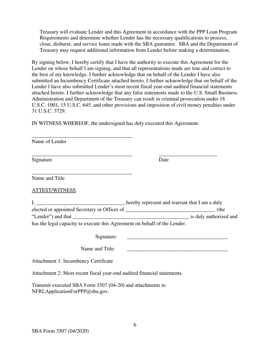 SBA Form 3507 CARES Act Section 1102 Lender Agreement - Non-bank and Non-insured Depository Institution Lenders, Page 6
