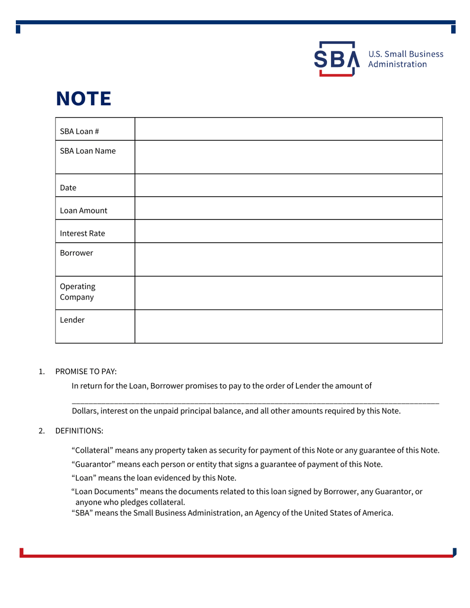 SBA Form 147 SBA Standard Loan Note, Page 1